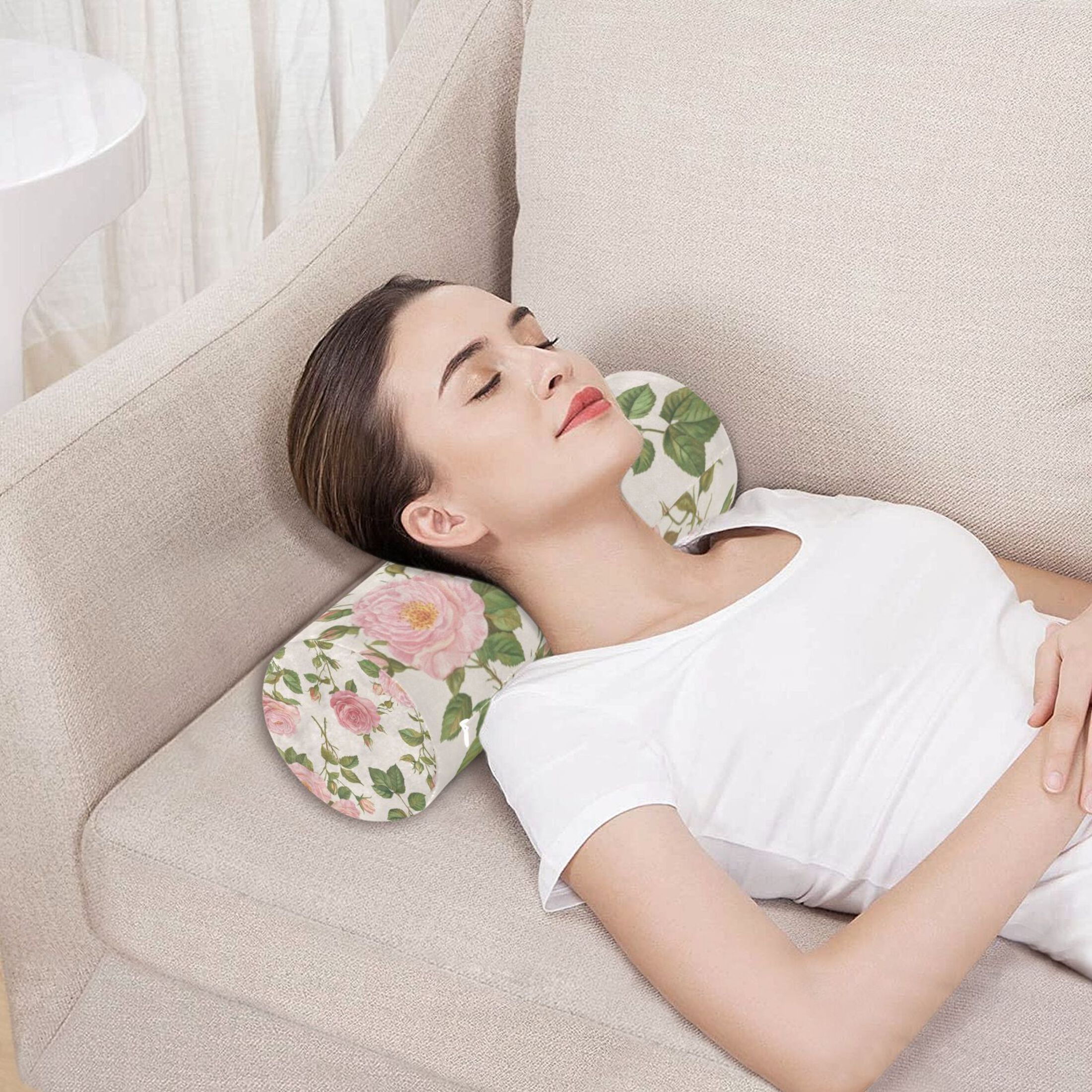 Neck pillow Round Cervical Pillow Cylindrical Pillow Lumbar Pillow Sofa Headrest Pillow Support For the Back, Neck and Head Pretty Rose