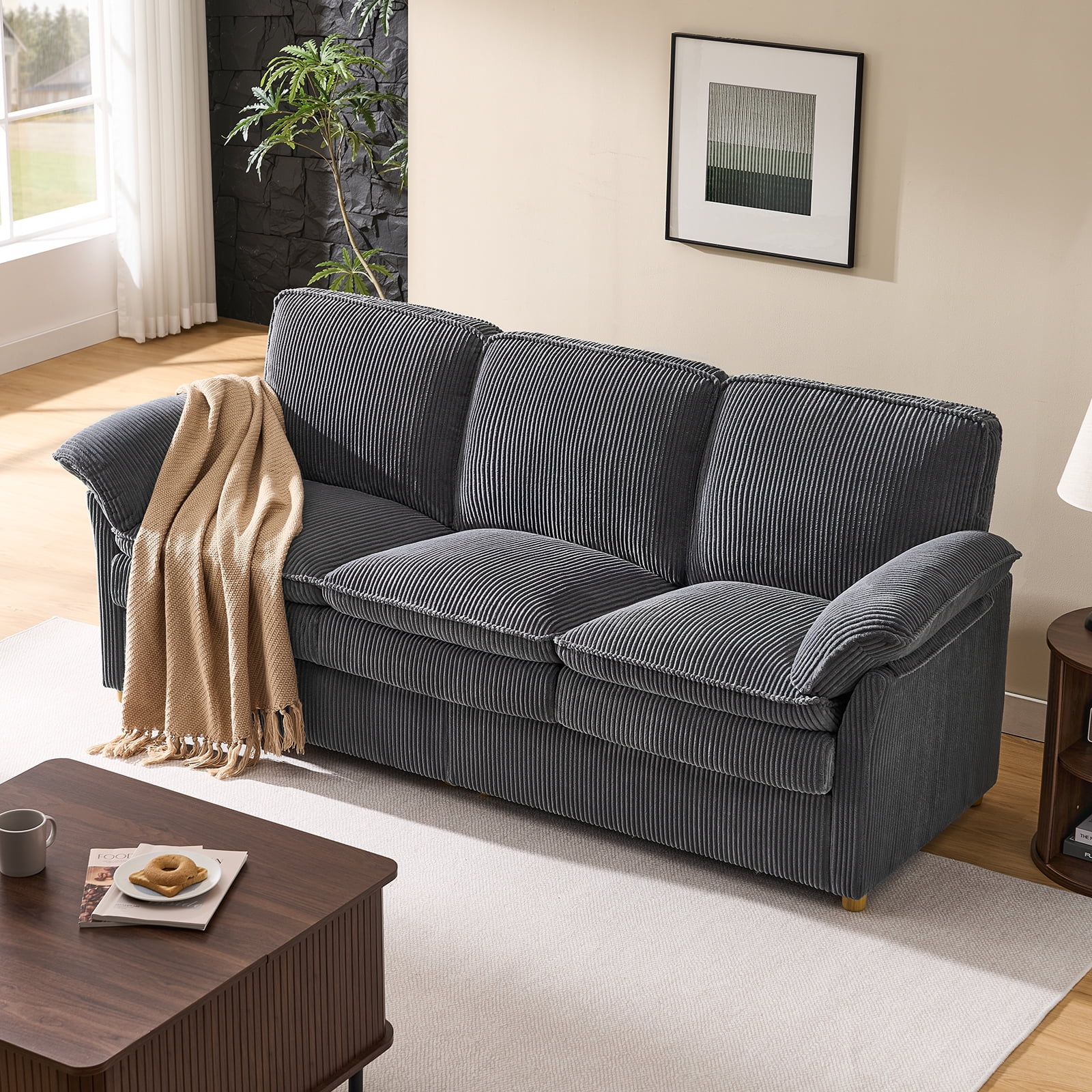 86.6" Corduroy Couches, Comfy 3 Seater Sofa with Pillow Top Armrest & Dual-Layer Cushions for Living Room Bedroom, Grey