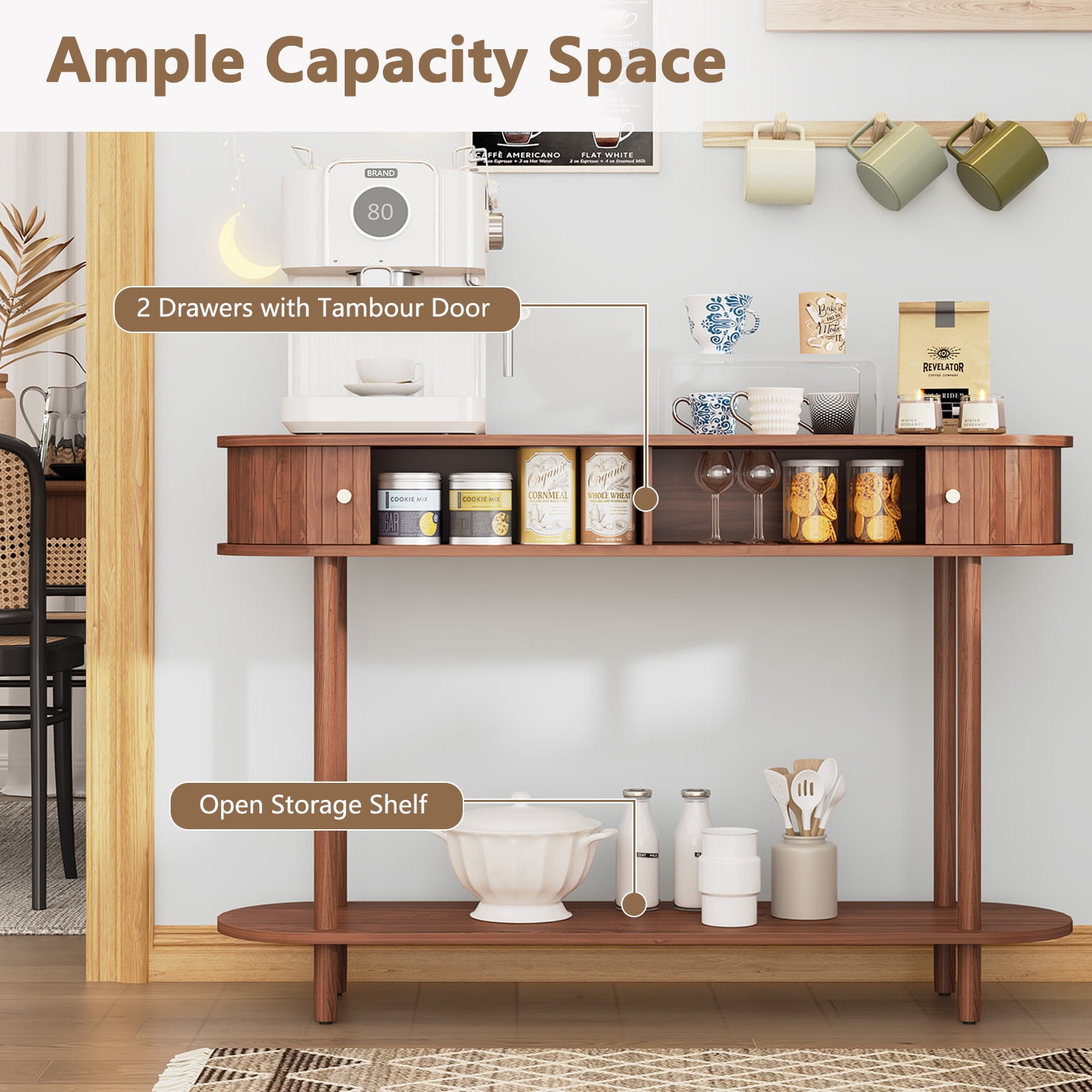 CBJCBJ 47.5" Console Modern Entryway Table with Wood Tambour Door Sofa Console &Storage Shelf for Hallway, Living Room（Brown）