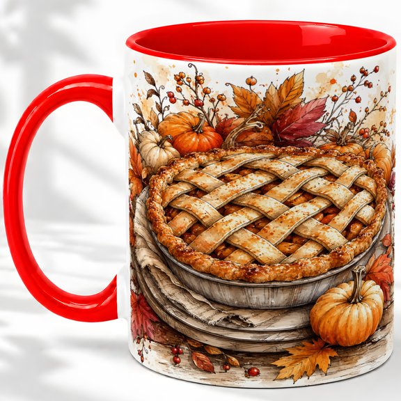 Pumpkin Pie Autumn Accent Mug, 11oz Ceramic Mug for Fall Fans Glossy ceramic mug with double-sided pumpkin pie artwork for daily coffee, tea, or office use