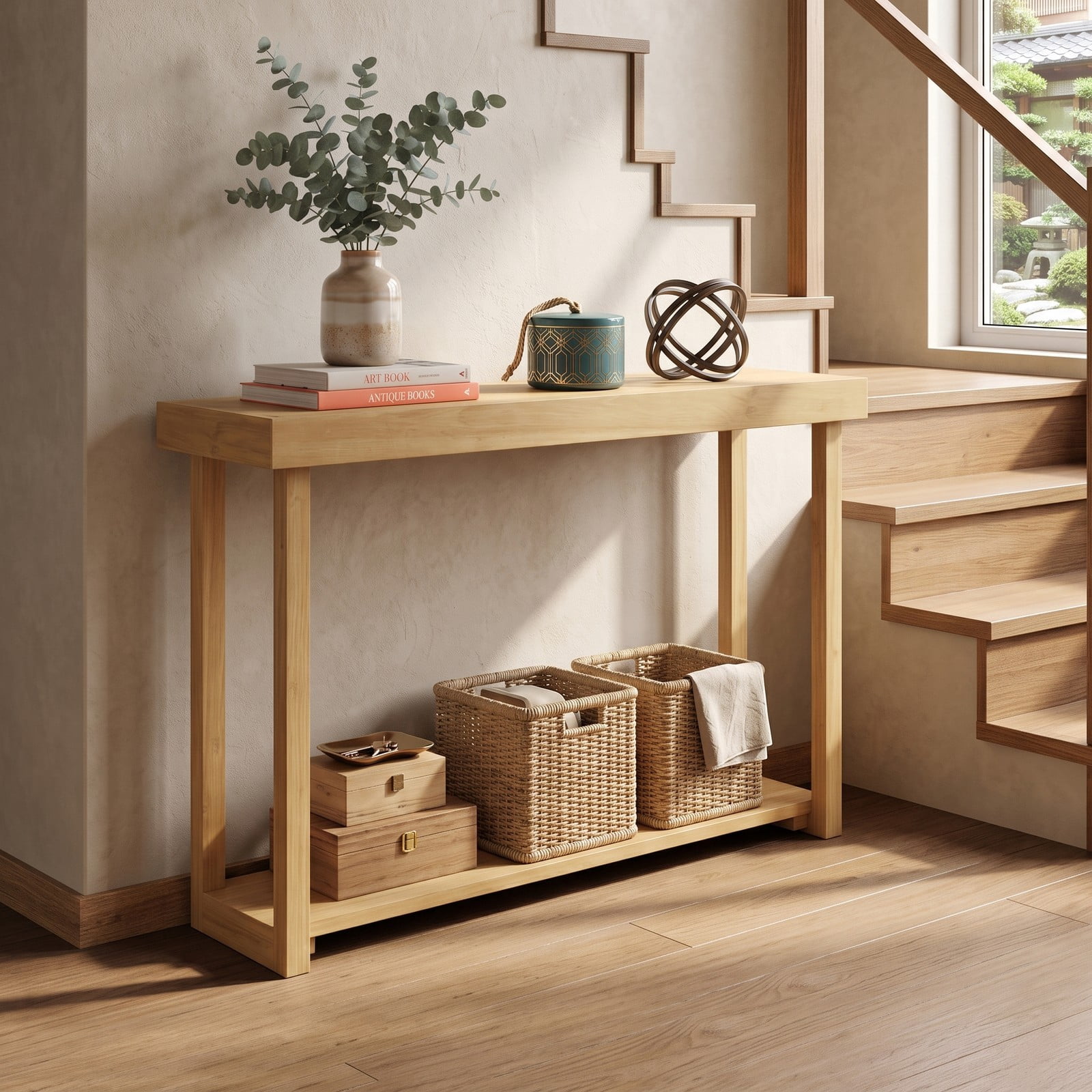 Furnibear 46 Inch Solid Wood Console Table 2-Tier Narrow Farmhouse Sofa Table with Storage Shelf for Living Room, Natural