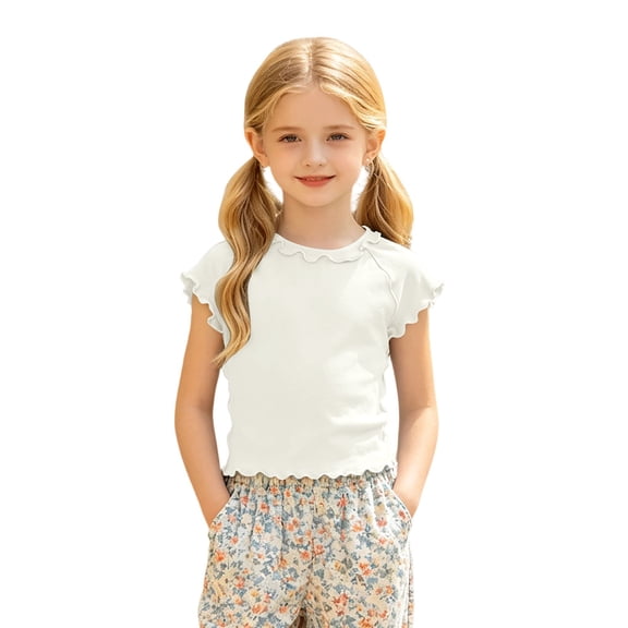 SNKSDGM Baby Girls' Ruffle Trim Short Sleeve Top, Solid Color Lettuce Edge Basic Tee Comfortable Fit Cropped for Summer & Year-Round Layering White 9-12 Months