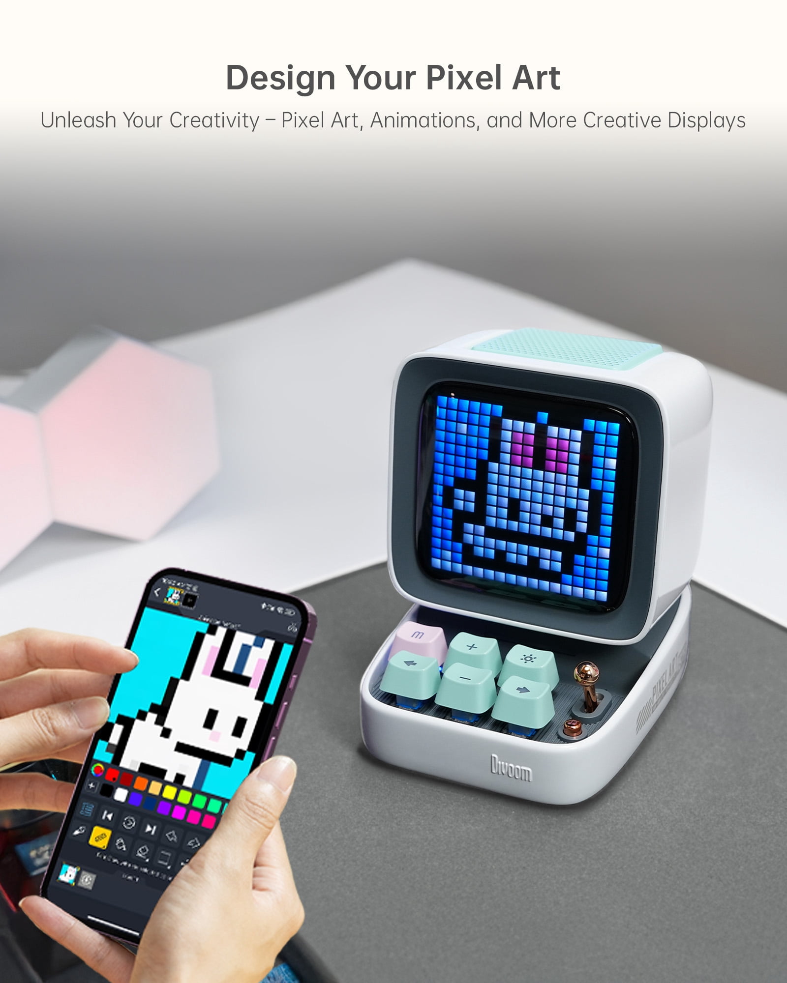 Divoom Ditoo Retro Pixel Art Game Bluetooth Speaker with 16X16 LED App controlled Front Screen (Pink)