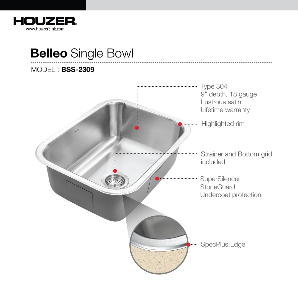 Houzer Belleo 23 in Stainless Steel Topmount Single Bowl Kitchen Sink with Strainer and Grid - BSS-2309