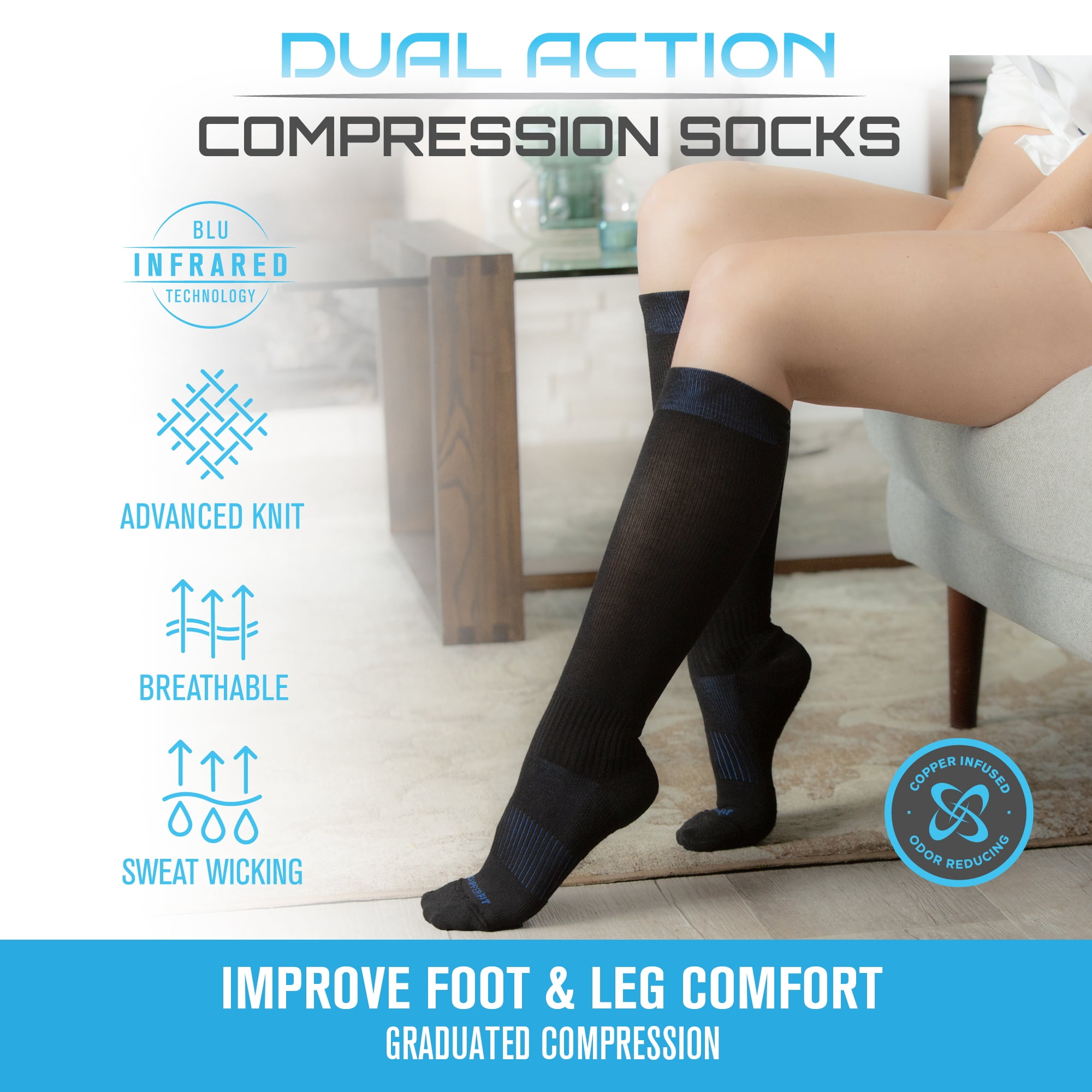 Copper Fit Dual Action Compression Socks – Easy On & Off, Improves Circulation, Reduces Swelling for Men & Women, Work & Running, 10–20 mmHg, Small/Medium