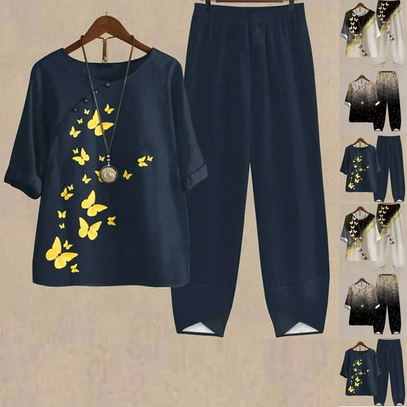 Jacenvly Lounge Sets for Women Plus Size Leisure Women's Summer Printed Half Sleeve Round Neck Cropped Top Casual Pants Suit Set Two Piece Floral Soft Satiny Summer Suit Beige