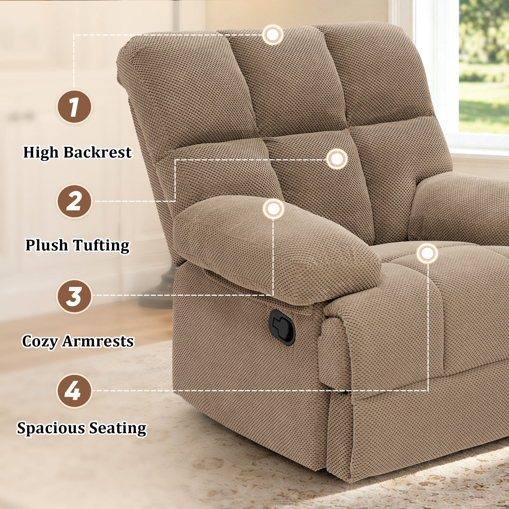 Lunale Manual Rocker Recliner for Home/Office, Adults Fabric Reclining Lounge Chair with Footrest, Camel Polyester