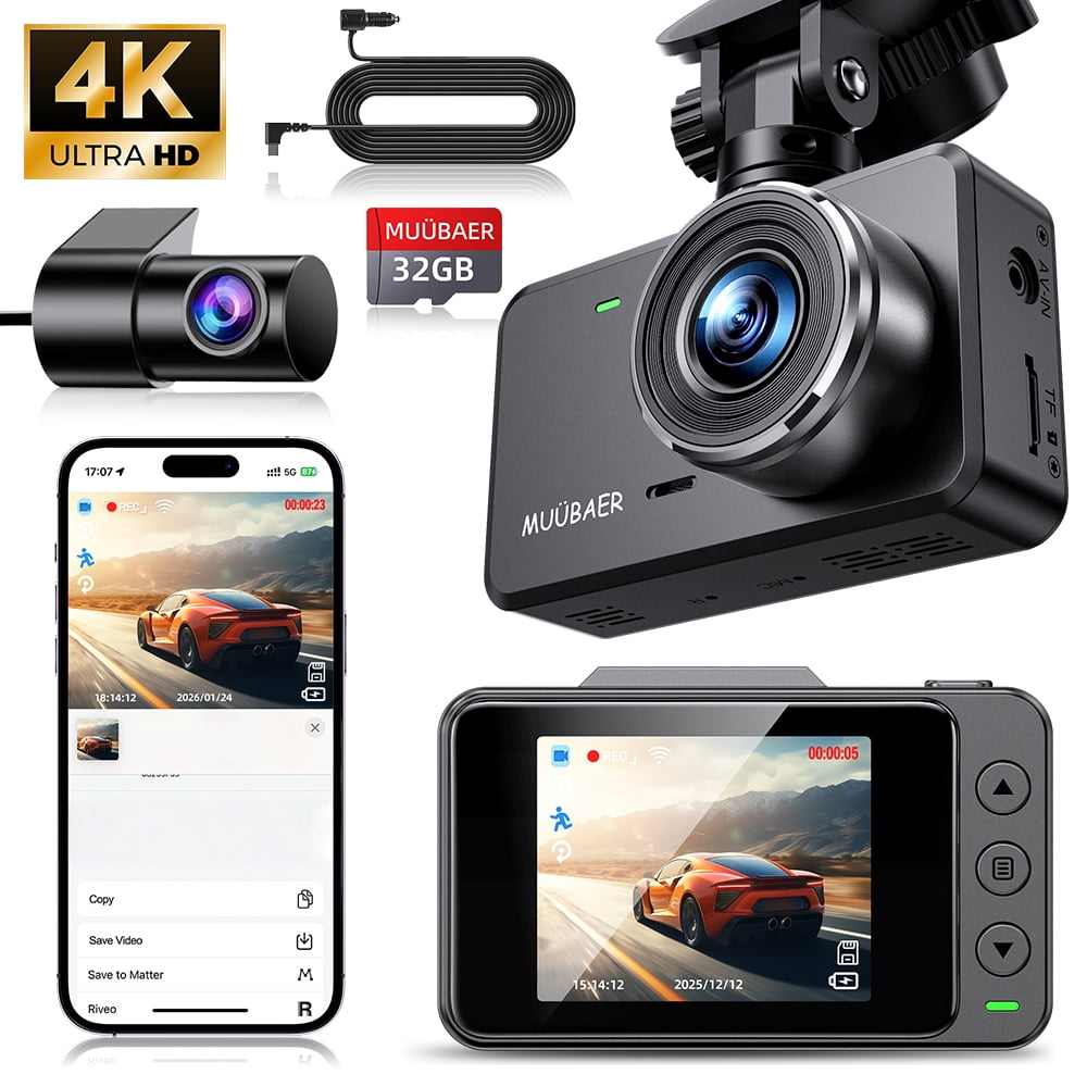 Dash Cam Front and Rear, 4K Full HD Dash Camera, Dashcam with Night Vision, 5.8GHz.WiFi, Car Camera with 2-inch LCD Display, Parking Mode, G-Sensor, Loop Recording, WDR