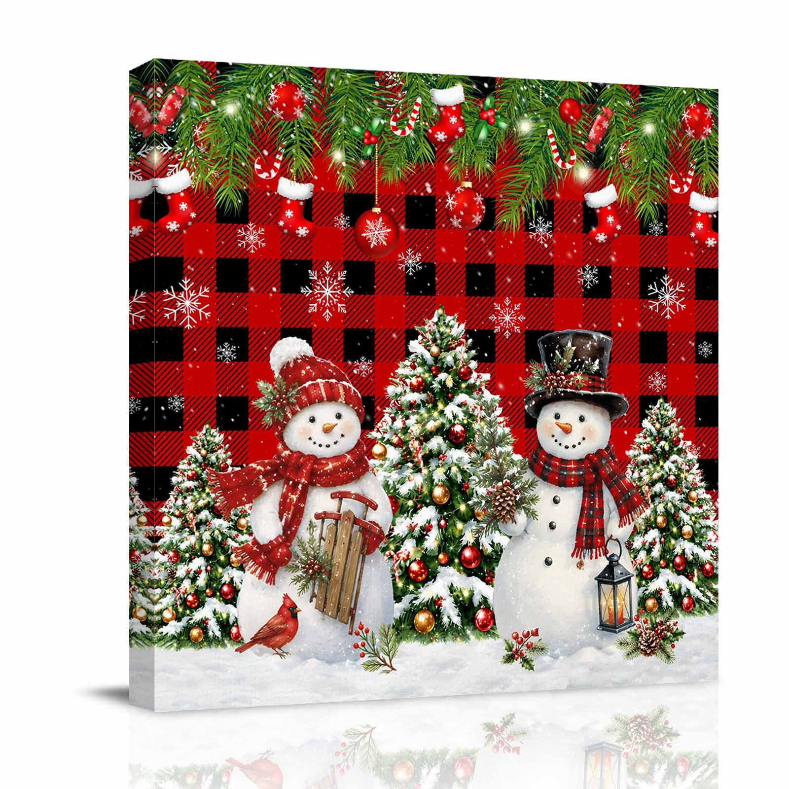 Canvas Wall Art Snowman Christmas Framed Canvas Prints for Living Room Bathroom Xmas Tree Pine Cone Red Black Checked Gallery Wrapped Wall Decor for Home Office Gifts 12 x12 Ship Next Day