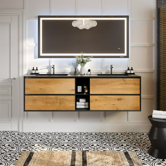 Eviva Vienna 75 inch Oak Black Wall Mount Bathroom Vanity with Black Integrated Acrylic Sinks