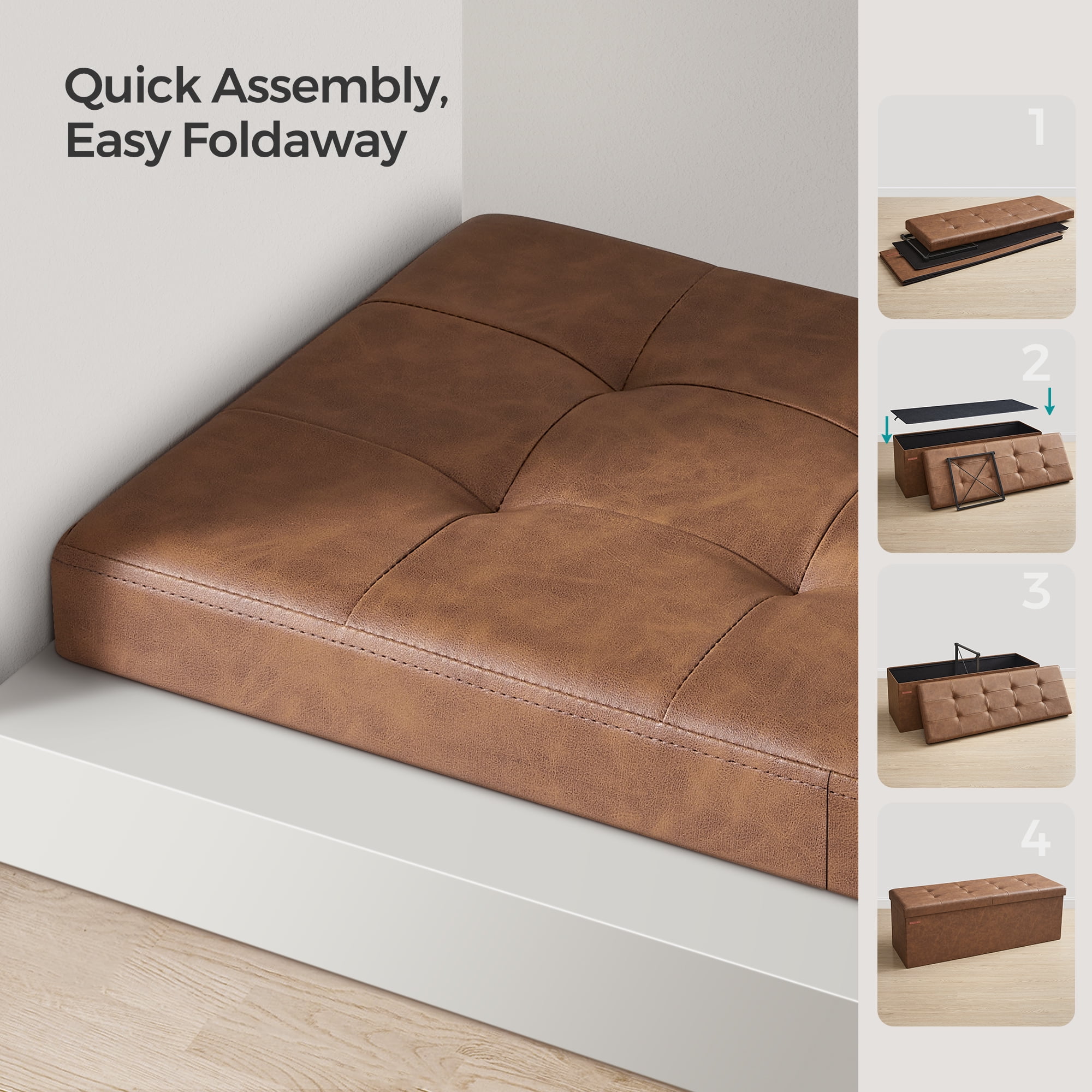 LEDREM Foding Storage Ottoman Bench, 43" Ottoman with Storage, 660lb Capacity, Footrest & Footstool, for Bedroom Living Room Coffee Brown
