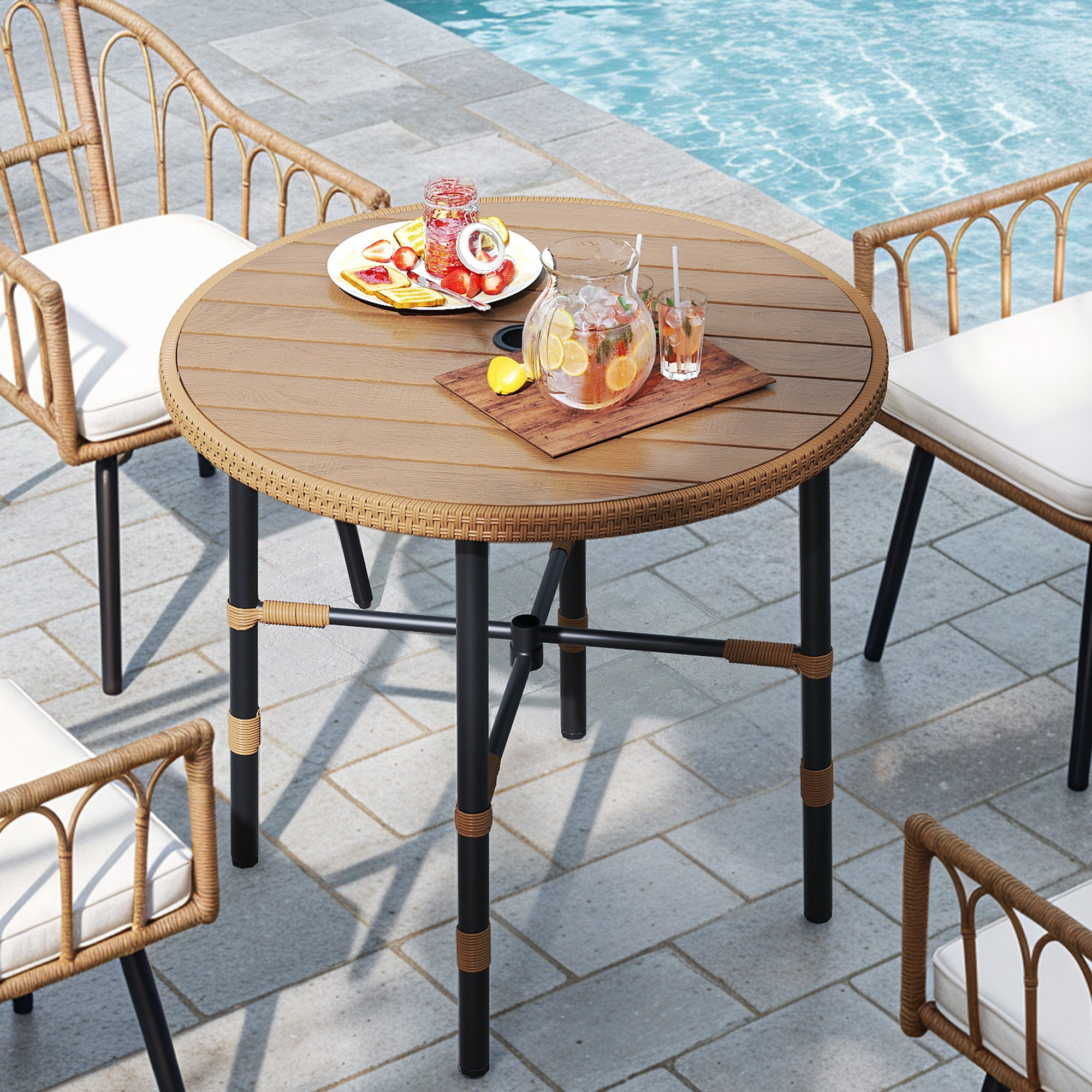 Uforic Round Outdoor Dining Table for 4, 35.4" x 30.3" All-Weather Patio Bistro Table with 2.2" Umbrella Hole, Adjustable Levelers, Metal Frame and Faux Wood Tabletop for Backyard Garden