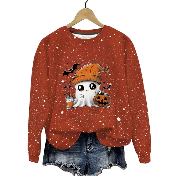 QINGFSAP Womens Halloween Sweatshirt Fleece Lined Long Sleeve Crewneck Top Speckled Graphic Print Loose Fit Fall Wear