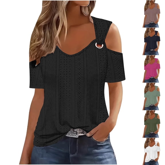 WIZUTIZ Short Sleeve Shirts for Women Cold Shoulder V-Neck Tops Hollow Eyelet Embroidery off Shoulder Metals Blouse Breathable Sexy T Shirts Elegant Tunics Tees up to 60% Off Black XXXXXL