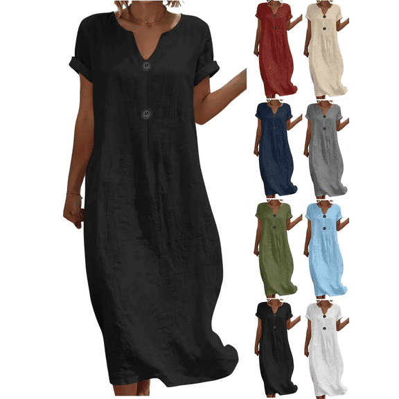 Liuinsasek Womens Dress Solid Color Casual Round-Neck Lightweight and Flowing Linen Dress Button Accents Short Sleeve Spring and Summer Fashion Outfits