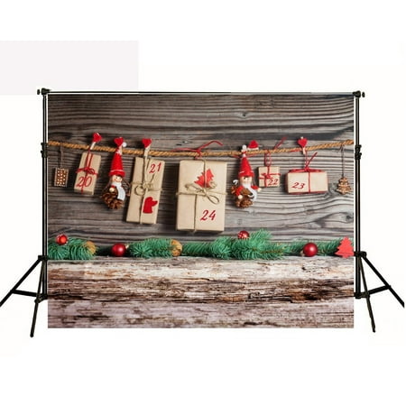 Image of MOHome Christmas Photography Backdrops 7x5ft Gift and Dolls Hang on Wood Wall Background for Photo Backdrop