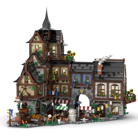 European Medieval Town Centre Building Blocks Set Retro Market Castle Game House Bricks Toys for Children Birthday Gift