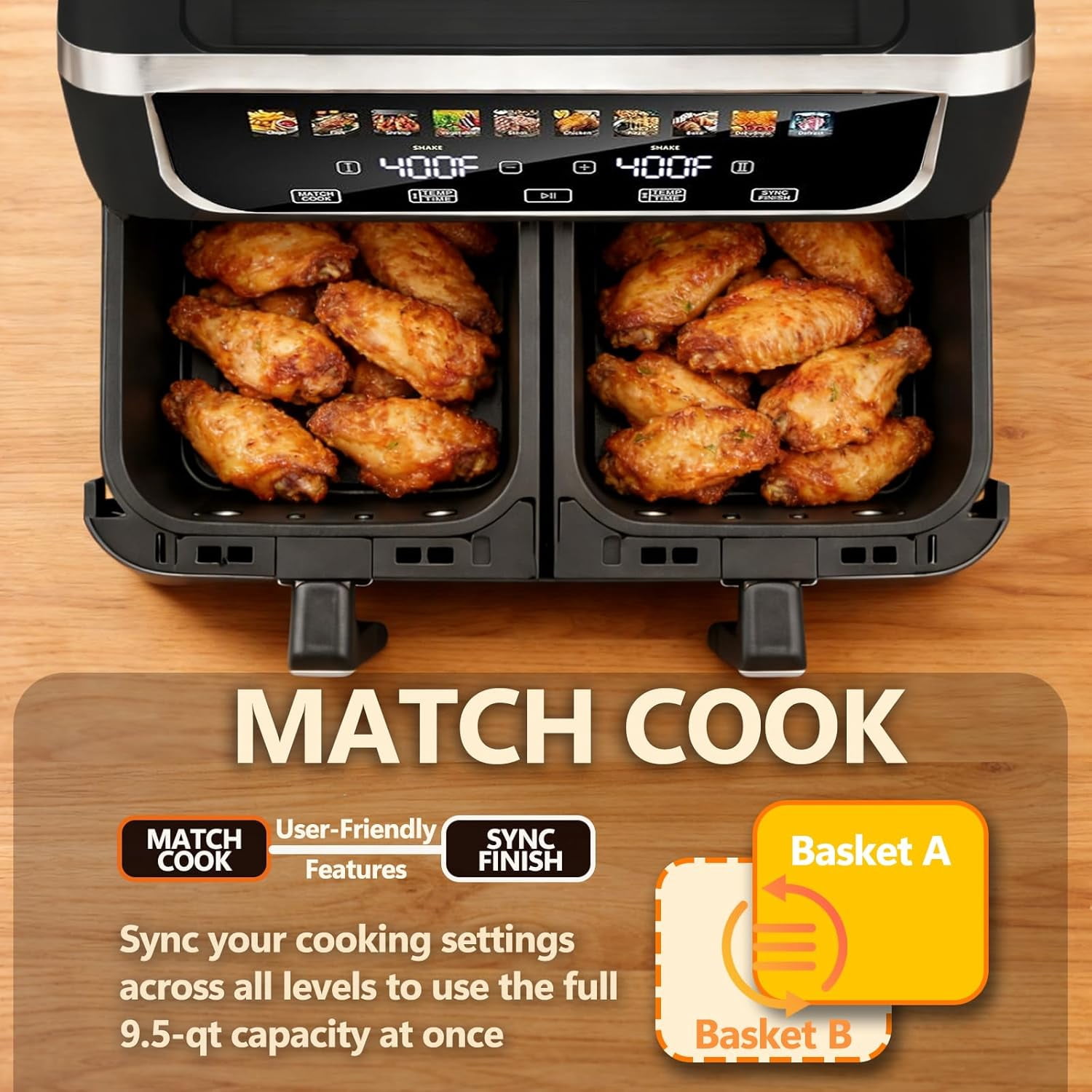 VANECL 9.5QT Dual Basket Air Fryer, Independent Temp Control, Sync Setting, Shake Reminder, 10 Presets: Bake/Roast/Broil/Dehydrate, Black