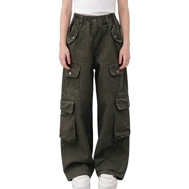 Lvshlubb Girls Cargo Pants High Waist Straight Denim Trousers Loose Casual Wide Leg Jeans for Teen Girls Size 3-15