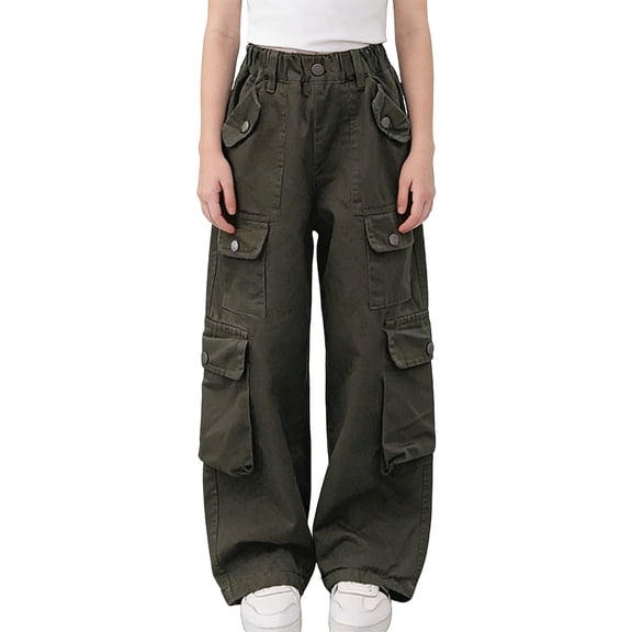 Girls Cargo Pants with Elastic Waist Baggy Wide Leg 6 Pocket Army Green for Kids 3-15 Years Outdoor School Streetwear,Size 7-8T