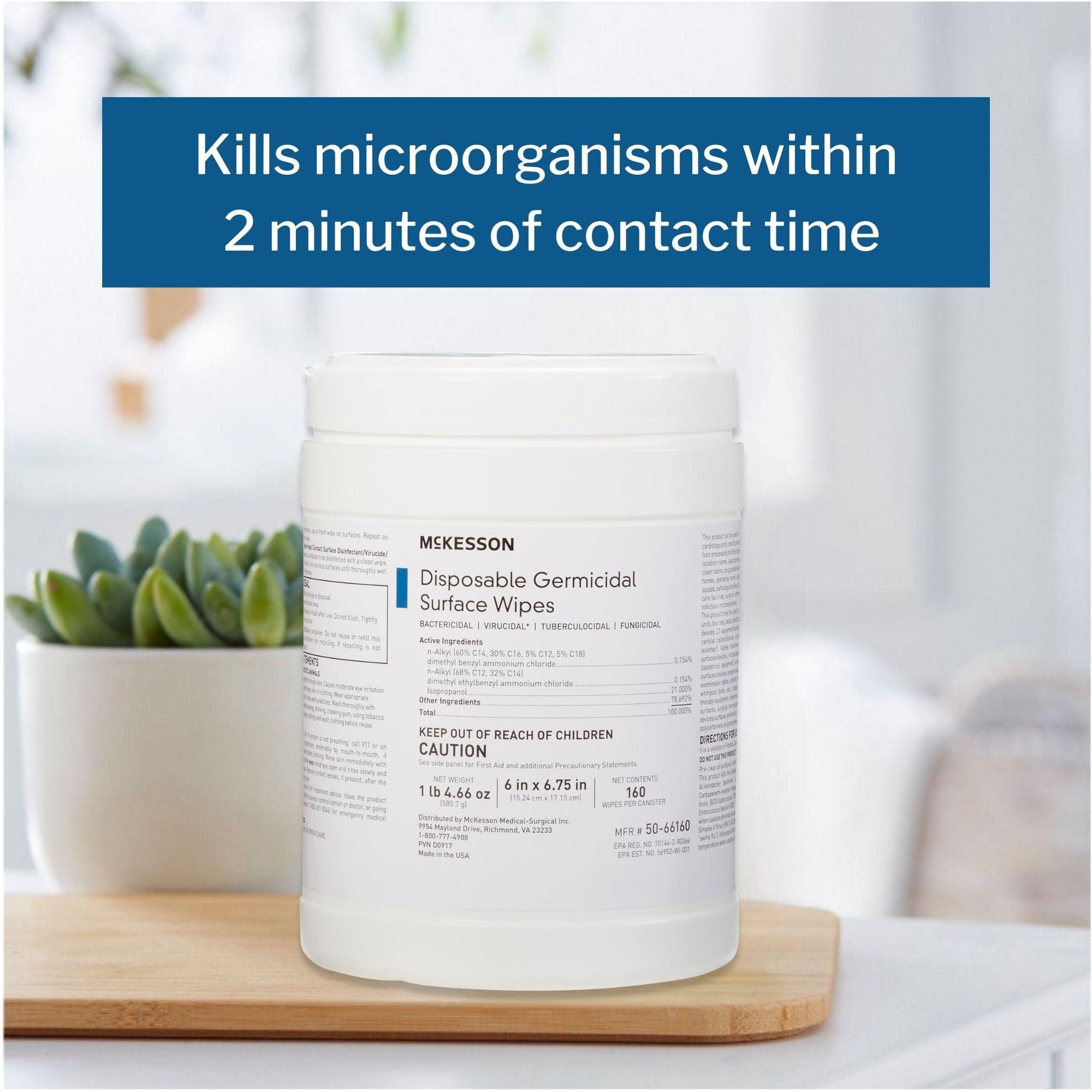 McKesson Germicidal Surface Wipes, Pre-Moistened Alcohol Cleaning Wipes for Hard Surfaces, Non-Woven Cloth - 6 in x 6 3/4 in, 160 Wipes, 1 Pack