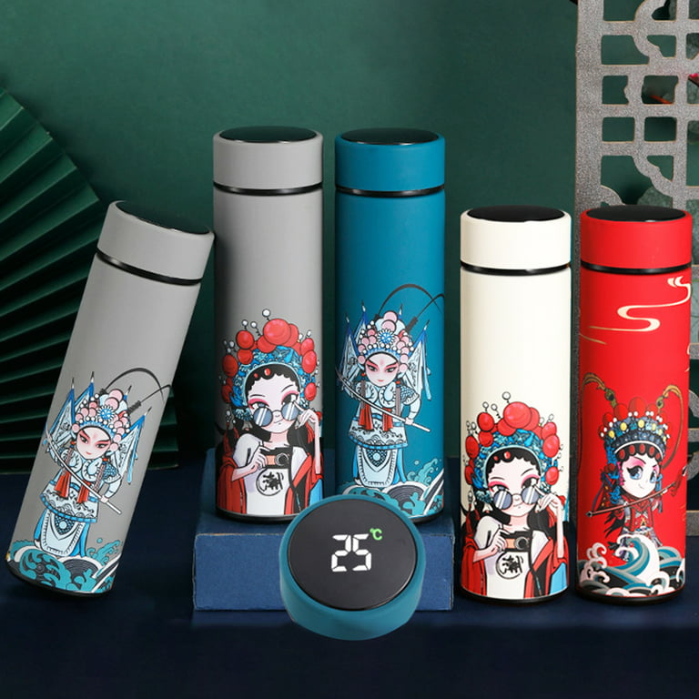 Hadanceo 500ML Intelligent Temperature Display Vacuum Flask Stainless Steel  Chinese Style Opera Character Printed Vacuum Insulated Water Bottle for