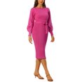 thumbnail image 4 of INSPIRE CHIC Robe pour Femme en Tricot à Col Rond Manches Lanterne 3/4 Ceinturée Ourlet Plissé Robes S Prune, 4 of 6