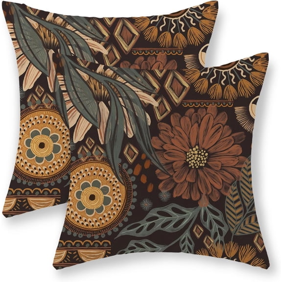 Boho Pillow Covers 20x20 Set of 2 Vintage Boho Floral Throw Pillows Tropical Leaves Brown Palm Summer Flowers Decorations Bohemian Pillowcase Linen Outdoor Decor Cushion Case for Sofa Home