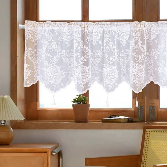 White Lace Valances for Windows, Gothic Semi Sheer Floral Embroidered Window Valances, Short Curtains for Kitchen Bedroom 52x18 Inch