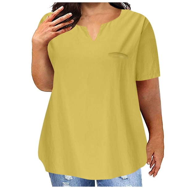 Top de Manga Corta de Verano para las Mujeres de Tamaño Grande Falso Bolsillo V-Cuello Camiseta, Mezcla de Poliéster Algodón Spandex Top Casual, Lavado a Mano Más Tamaño