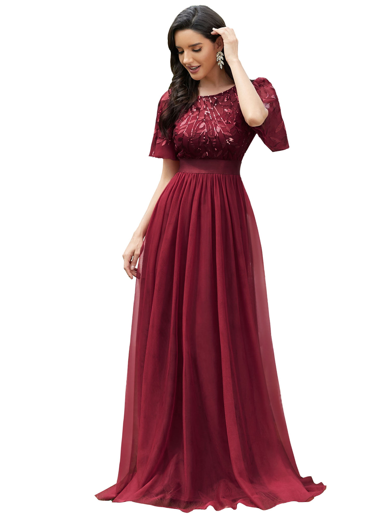 Ever-Pretty A-Line Wedding Dress Long Chiffon Burgundy Bridesmaid Gown Side Slit 