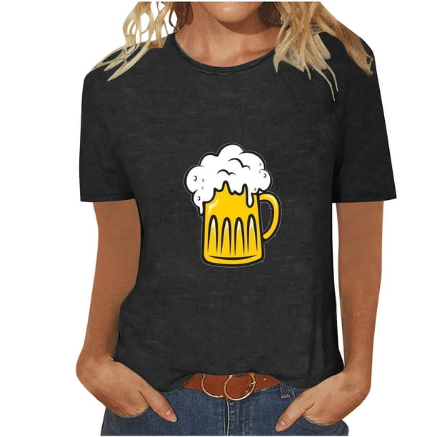 Tops Cortos para Mujeres, Oktoberfest Casual Impreso Cuello Redondo Manga Corta Camiseta Top Hecho de Poliéster para la Primavera Verano Uso Diario, Camisetas Casuales de Mujer