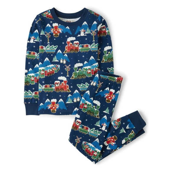 The Children's Place Kids Unisex Matching Sibling Glow-in-the-Dark Holiday Train Snug Fit Cotton Pajamas, Sizes 4-16