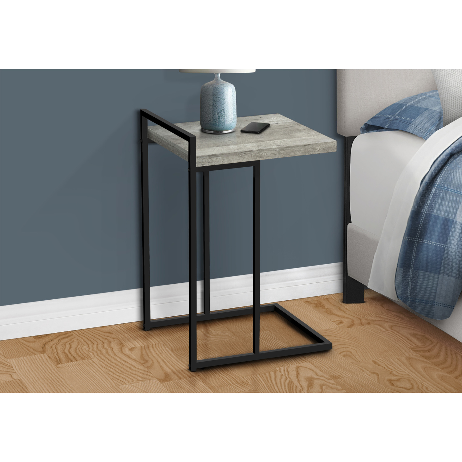 C-Shaped Accent Table for Living Room & Bedroom Small End Table with Reclaimed Wood Look Top