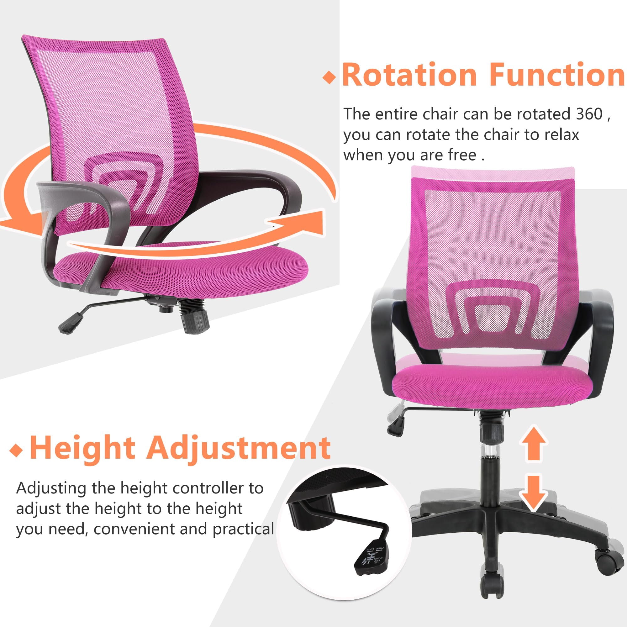 YRLLENSDAN Conference Room Chair Mesh Office Chair with Wheels Rolling Desk Chair with Arms Mesh Computer Chair for 250lb Adults Study Chair Adjustable Height,Pink