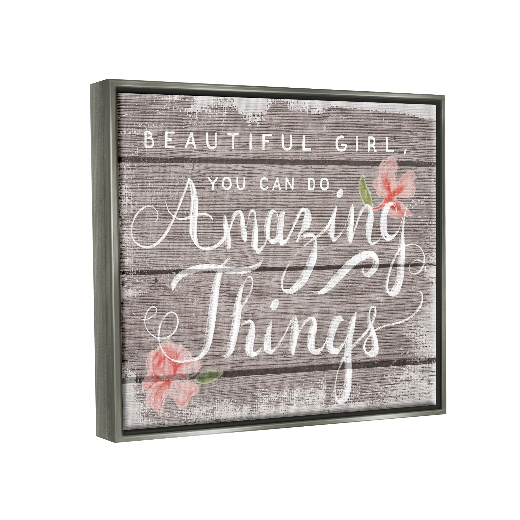 Stupell Industries Beautiful Girl Inspirational Kids Flower Word Design Luster Gray Framed Floating Canvas Wall Art, 16x20, by Daphne Polselli