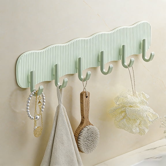 Wall Mounted Hooks | Adhesive Hanging Rack with 6 Hooks for Storage | No Drill Wall Mount | Bathroom Kitchen Entryway Organizer for Towels Keys Bags