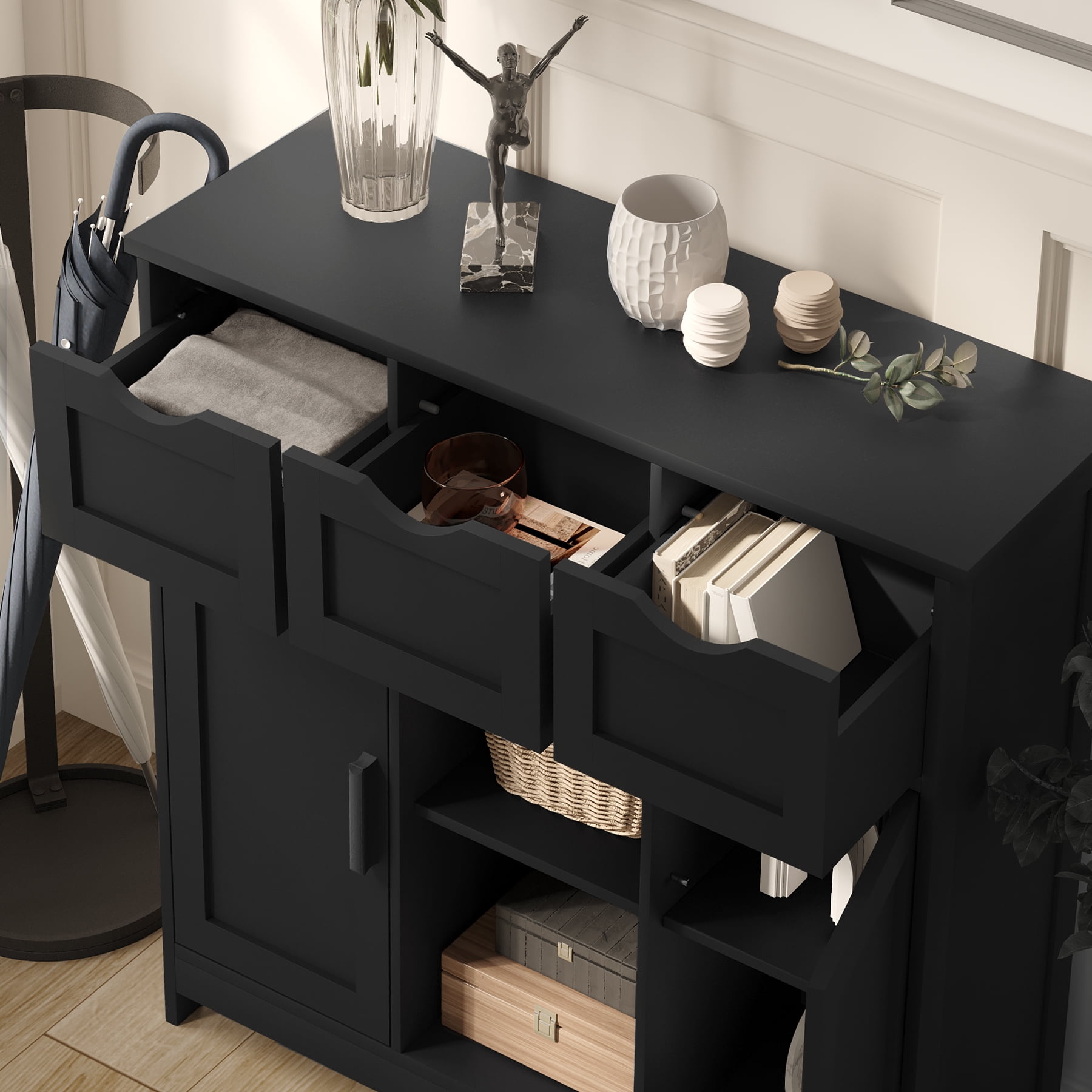 Leumius Storage Cabinets,Wooden Floor Cabinet with Drawers & Shelves, Accent Cabinet for Living Room, Bedroom, Bathroom Home Decor, Black