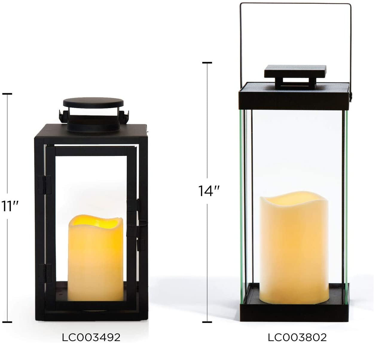 Remote & Batteries Included Large Glass Flameless Candle Lanterns Set of 2 Indoor/Outdoor Use Black Metal Finish Warm White LEDs 14.5 Height Fall-Ready Decor