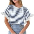 thumbnail image 1 of Yuyuzo Women Tops Ruffle Short Sleeve Shirts Crewneck Casual Basic Striped T Shirt Summer Outfits, 1 of 6