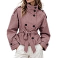 thumbnail image 5 of DPTALR Women's Gingham Stand Collar Double Breasted Belted Short Jacket Coat with Pockets,Size S-2XL, 5 of 9