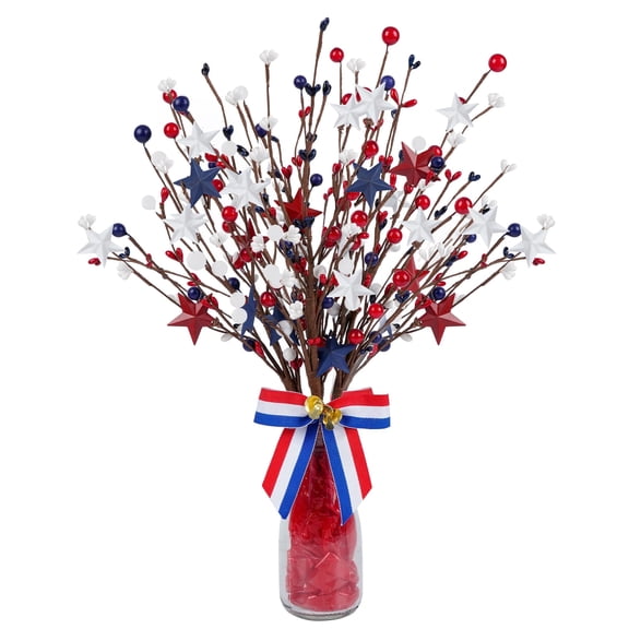 TETOU 4th of July Patriotic Artificial Berry Stem Picks, 4pcs 14.6" White Blue Red Stars Faux Berry Branches for Independence Day Home Office Restaurant Vase Patriotic Decorations