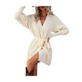 thumbnail image 6 of KOMOO Women Knitted Coat Wrap Dress Fall Spring Long Sleeve V Neck Short Dress with Waistband Casual Sweater Tunic Dress, 6 of 8