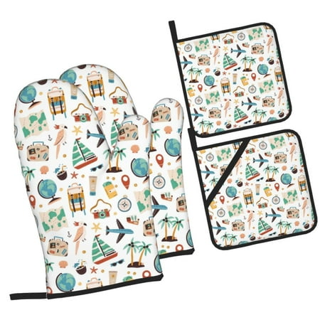 

Haiem Travel1 Print Extra Long Oven Mitts and Pot Holders 4pc Sets: Heat Resistant Silicone Oven Mittens with Mini Oven Gloves and Hot Pads Potholders