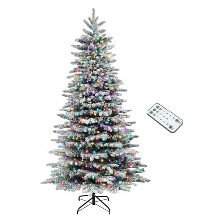 7.5ft Snow Flocked Artificial Christmas Tree, Pre-Lit LED Christmas Tree with 1264 Tips
