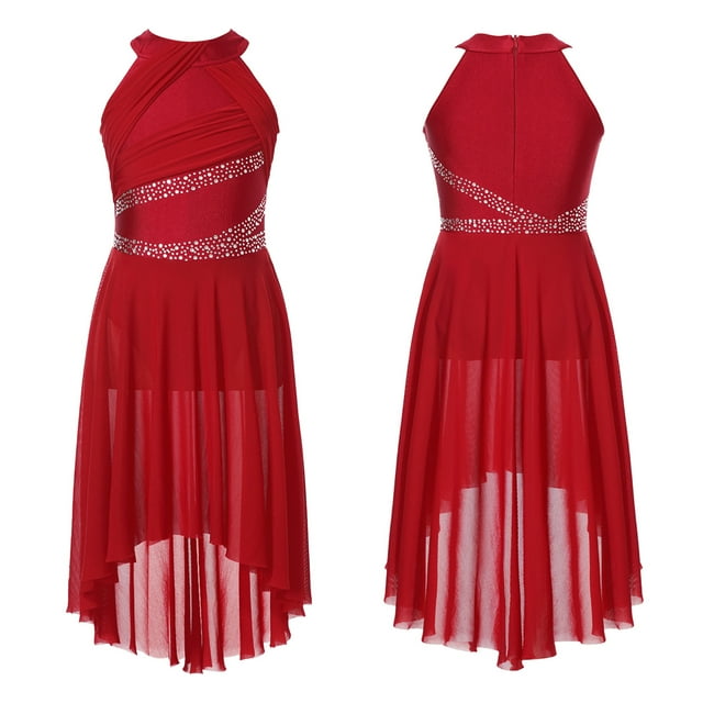 TiaoBug Robe de Danse Sans Manches pour Filles avec Strass Brillants Justaucorps de Ballet Moderne Bourgogne 6