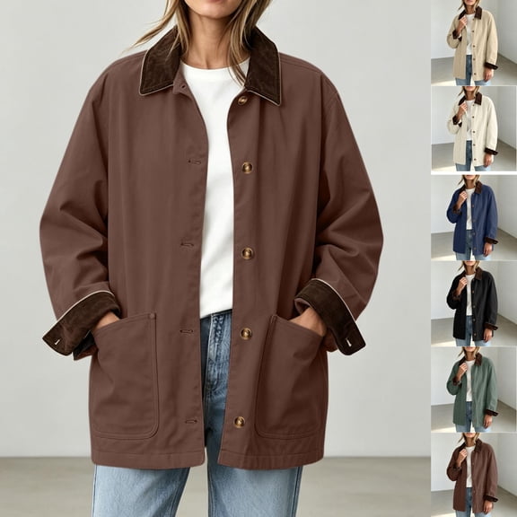 Womens Chore Jacket Corduroy Contrast Point Collar Shacket Coat Button Down Loose Mid Length Jackets with Pockets Warm Fall Winter Outerwear
