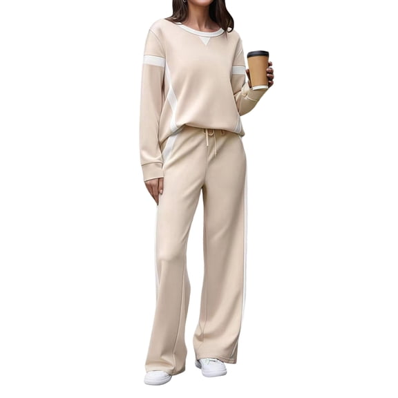Female 2 Piece Lounge Set Tracksuit Color Block Pullover Wide Leg Pants Sweatsuit Matching Cream White M