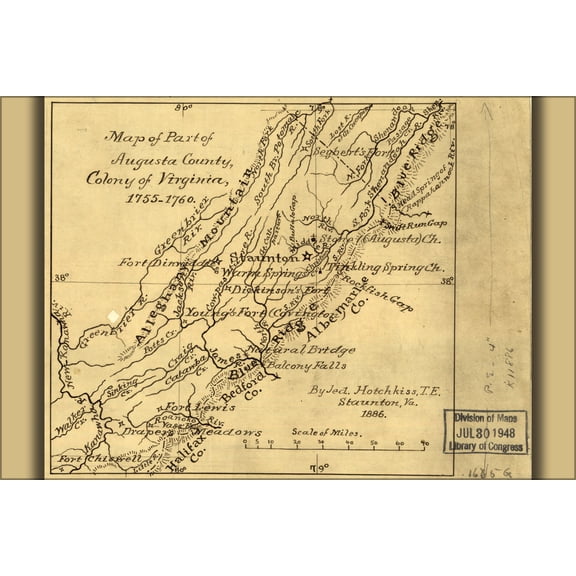 24"x36" Gallery Poster, Map of Augusta County, Virginia colony 1755-1760