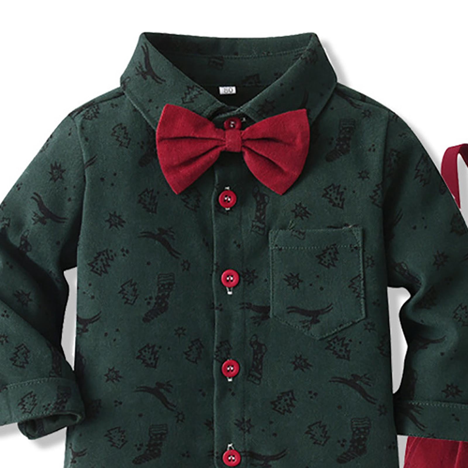 Splozh Baby Boy Outfits Formal Boys Long Sleeved Shirt and Overalls Suit Comfortable Soft Fashionable Christmas Print Gentleman Suit for Boys Dark Green,6-12 Months